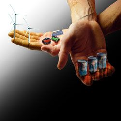 scale switch of one hand holding renewable energy wind and biofuels and the other holding oil barrels with blackish veins showing on the wrist